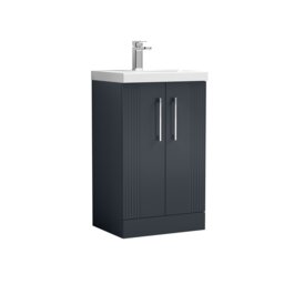 Balterley Partial Fluted 2 Door Floor Standing Vanity Unit with Mid-Edge 1 Tap Hole Ceramic Basin Grey Satin Soft Black