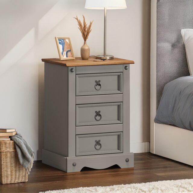 Mercers Furniture Corona Grey Wax Painted Medium 3 Drawer Bedside Cabinet Table Chest Solid Wood Pine with Mexican Styling Wooden