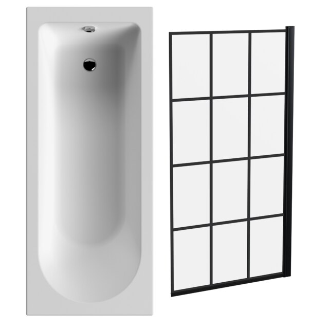 Round Single Ended Bath Tub and Black Framed Bath Screen - 1700 x 700mm White