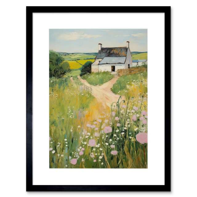 "Country Farmhouse Cottage Scene Landscape 9x7"" Black Framed Wall Art Print"