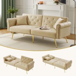 VILUXE 177cm 2 Seater Velvet Sofa Bed with Independent 3-Position Backrests, 150 x 87cm Sleeping Area, Gold-Tone Legs and 2 Cushions, Beige