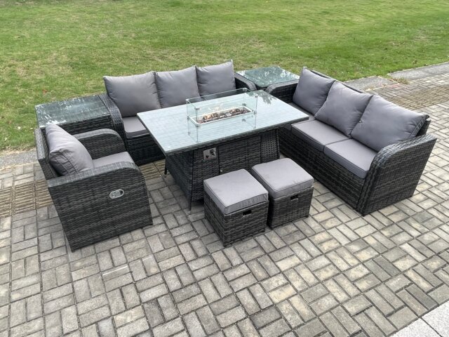 Fimous 9 Seater Wicker Rattan Garden Furniture Set Gas Fire Pit Dining Table Reclining Chair 3 Seater Sofa Set Indoor Outdoor with Side Table 2 Small Footstools