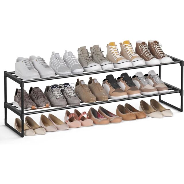 2-Tier Compact Stackable Shoe Rack Metal Storage Organizer, Black