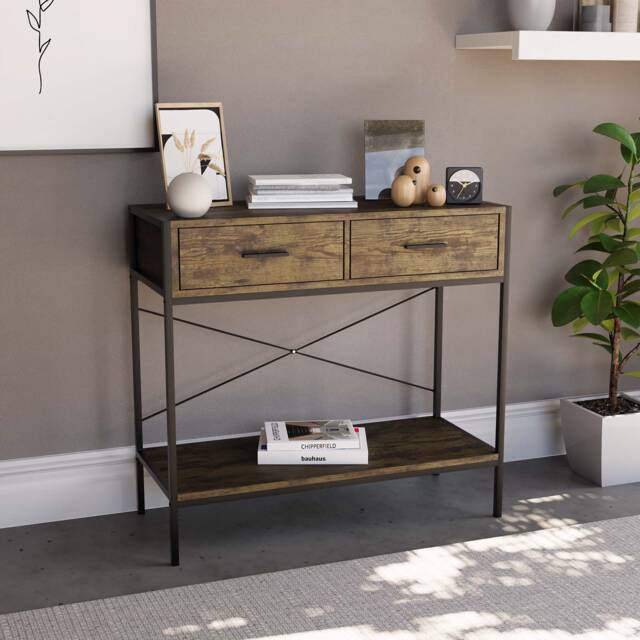 Vida Designs Brooklyn 2 Drawer Console Table With Shelf, Dark Wood