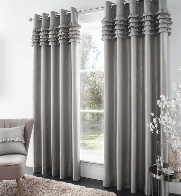 "Catherine Lansfield Flamenco Fully Lined Eyelet Curtains Silver Silver 90x90"""
