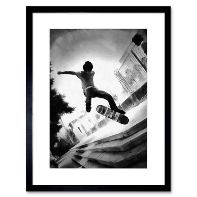 "Skateboarder Skateboard Jump Trick Black White Photograph 9x7"" Black Framed Wall Art Print"