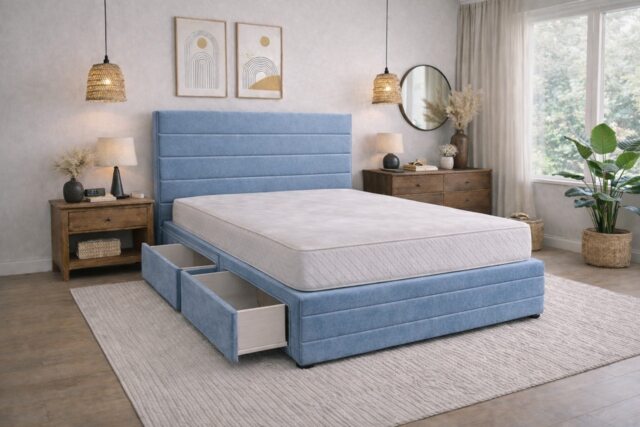 Divan Bed Set Headboard and Footboard with Mattress 4ft6 Double Ice Blue Suede Storage 2 Drawers Left Side Laying in Bed