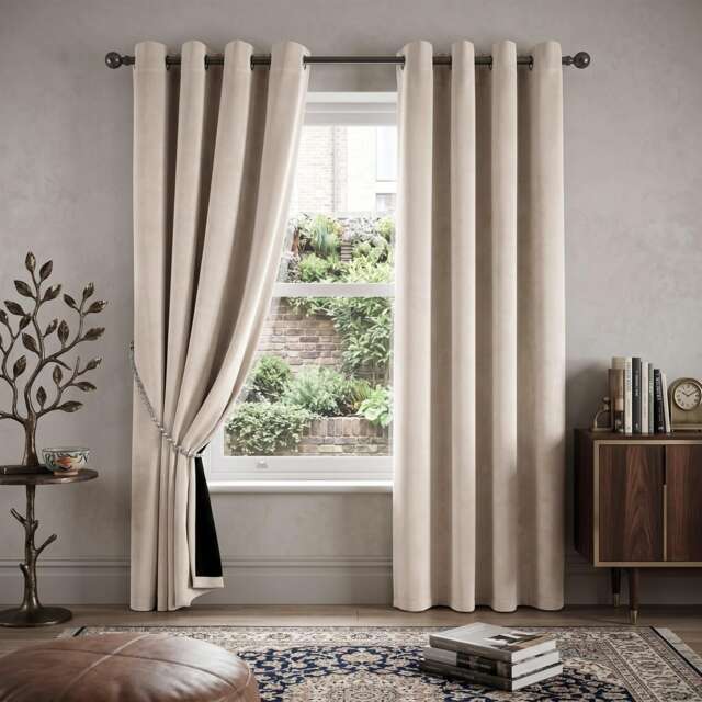 Velvet Thermal Blackout Eyelet Curtains Ready Made Pair - 229cm x 229cm - Cream