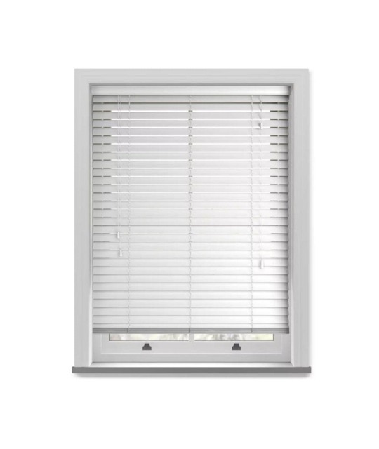50mm Slat White Grained Faux Wood Venetian Blind With Strings 150cm Drop White White