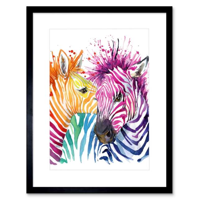 "Rainbow Zebra Gradient Colour Stripes Animal Watercolour 9x7"" Black Framed Wall Art Print"