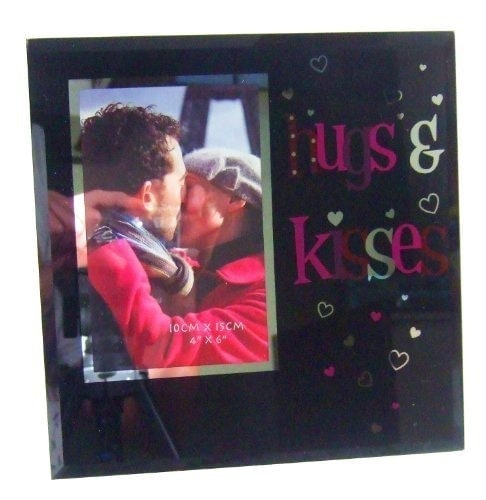 "Black Glass With Hearts ""Hugs & Kisses"" Photo Frame"