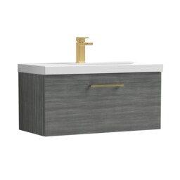 Balterley Wall Hung Bathroom 1 Drawer Vanity Unit & 1 Tap Hole Ceramic Basin, & Handle Grey Anthracite Woodgrain