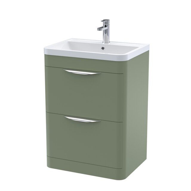 Floor Standing 2 Drawer Vanity Unit with Ceramic Basin - 600mm - Satin Green Green