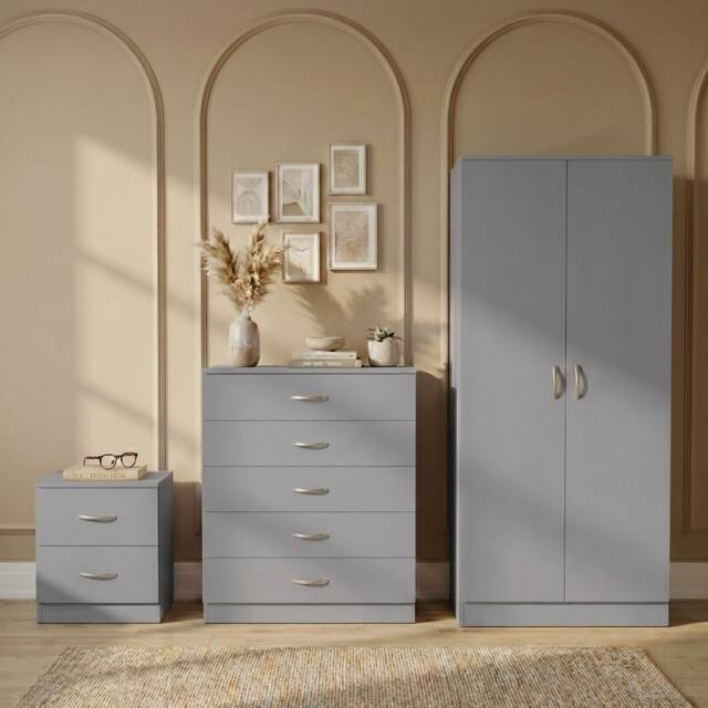 Vida Designs Riano 3 Piece Bedroom Set (2 Drawer Bedside Chest, 5 Drawer Chest, 2 Door Wardrobe) - Grey