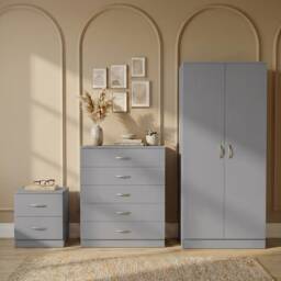 Vida Designs Riano 3 Piece Bedroom Set (2 Drawer Bedside Chest, 5 Drawer Chest, 2 Door Wardrobe) - Grey