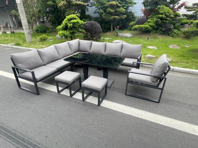 Fimous Aluminum Outdoor Garden Furniture Corner Sofa Chair 2 PC Stools Adjustable Rising Lifting Dining Table Sets Black Tempered Glass Dark Grey 10 Seater