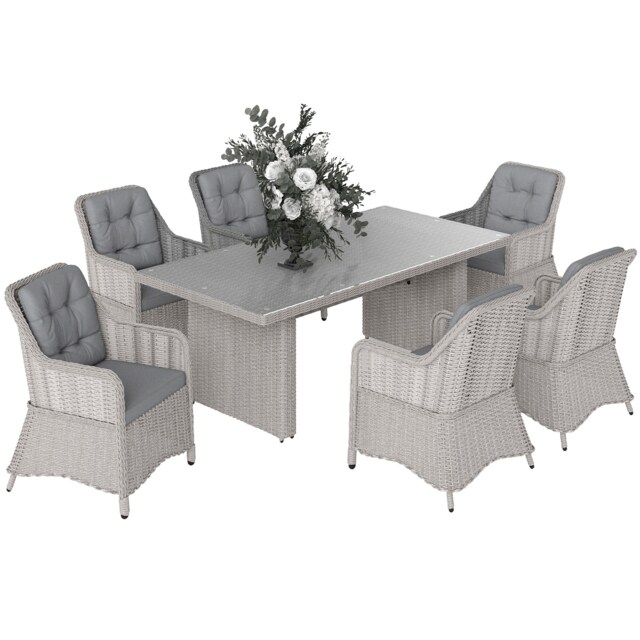 Outsunny 6 Seater Rattan Dining Set with Glass Top Table and Cushions, Grey Grey