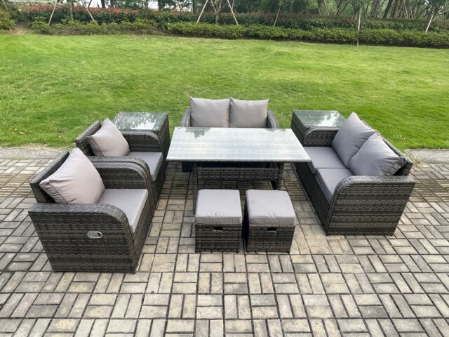 Fimous Outdoor Rattan Garden Furniture 9 piece Grey Patio Furniture Set 8 Seater Lounge Sofa Set with Rectangular Table Reclining Chairs 2 Stools 2 Side Tables
