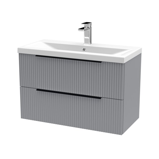 Balterley Fluted Front Wall Hung 2-Drawer Bathroom Vanity Unit with 1 Tap Hole Basin, Handles Grey Satin Grey