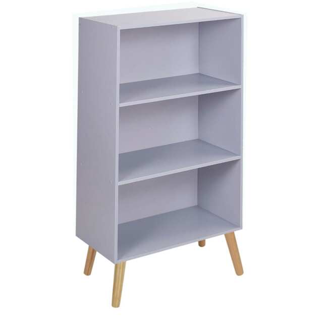 URBNLIVING 3 Tier Wide Bookcase With Scandinavian Style Legs Multi Grey Bookcase & Beech Leg 1