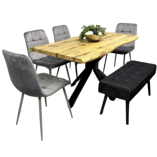 Dining Table Set with 4 Grey Velvet Chairs and Black Bench Dining Room Furniture