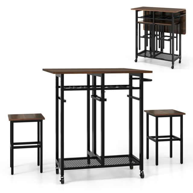 COSTWAY 3 Piece Dining Table Set Table 2 Stools w/ Wine Rack Brown 3