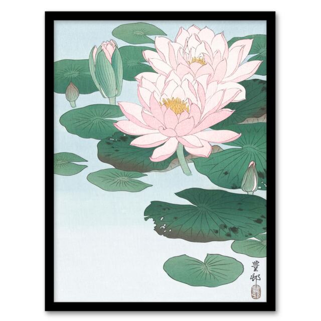 Ohara Koson Framed Wall Art Print Water Lily Pads Pink Flower Bloom Home Décor