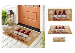 A.Unique Home 15mm Natural Coir Doormat with Printed Pattern 40cm x 80cm - Non-Slip PVC Backed - GNOME XMAS MAT