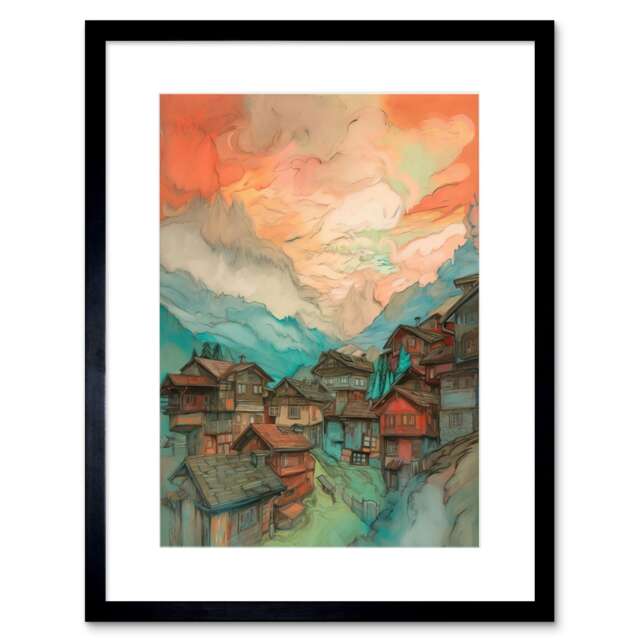 "Pink Dawn Atmospheric Clouds Small Mountain Village Alps 9x7"" Black Framed Wall Art Print"