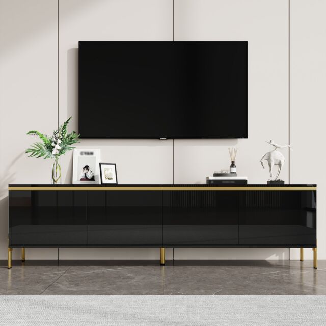 VILUXE 170 x 38 x 50cm High-Gloss Black TV Stand with 4 Handleless Doors, Cable Management, Gold-Tone Edge Detail and Metal Legs, Particle Board Media Cabinet