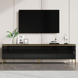 VILUXE 170 x 38 x 50cm High-Gloss Black TV Stand with 4 Handleless Doors, Cable Management, Gold-Tone Edge Detail and Metal Legs, Particle Board Media Cabinet