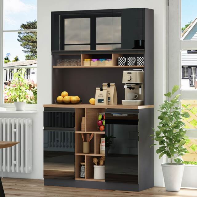 VILUXE 185 cm Tall Kitchen Pantry Cabinet with High-Gloss Doors, Drawers, Adjustable Shelves, Open Storage and Anti-Tip Kit, Black and Natural
