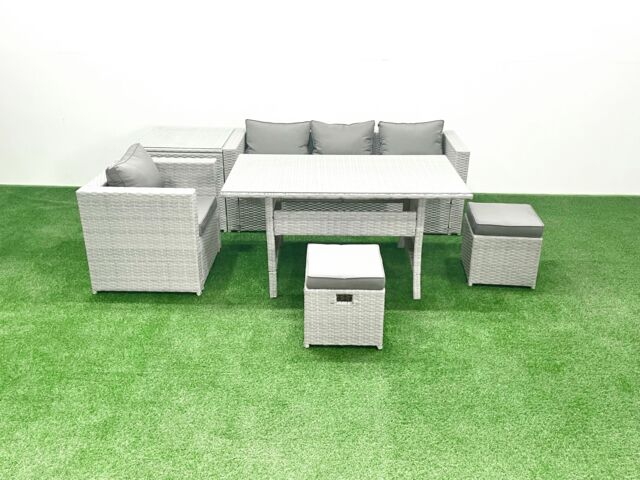 Fimous Rattan Garden Furniture Dining Set 6 Seater Lounge Sofa Chair Dining Table Set with 2 Small Footstools Side Table Light Grey Mixed