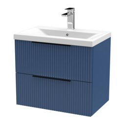 Balterley Fluted Front Wall Hung 2-Drawer Bathroom Vanity Unit with 1 Tap Hole Basin, Handles Blue Satin Blue