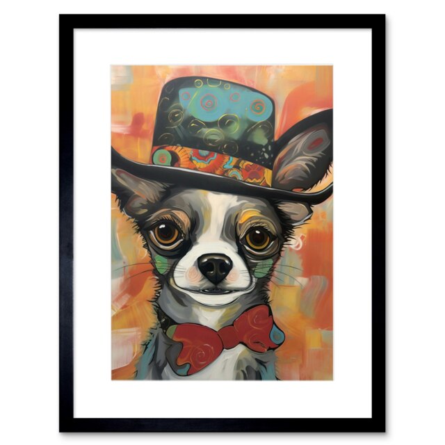 "Chihuahua Dog Top Hat Bowtie Modern Folk Art 9x7"" Black Framed Wall Art Print"