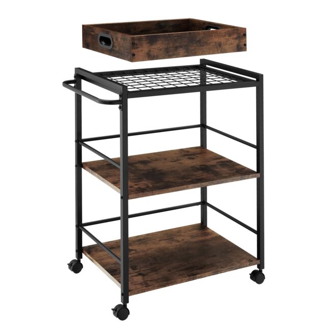 Drinks Trolley Worcester - 3 shelves and removable tray, 4 swivel castors with parking brake Brown Industrial wood dark, rustic 65 x 41,50 x 87 cm 1