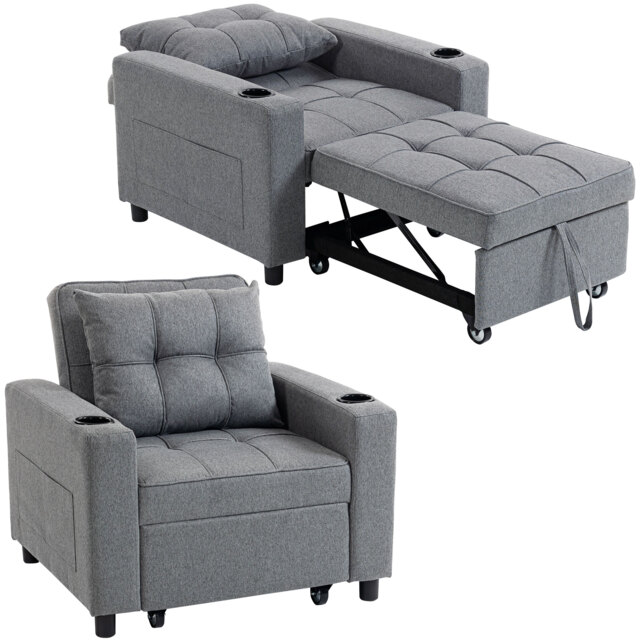 HOMCOM 3-in-1 Single Sofa Bed, Convertible Sleeper Chair with Adjustable Backrest, Fabric Pull Out Chair Bed with Pillow, Side Pockets and Cup Holders for Living Room, Bedroom, Dark Grey Grey Dark Grey