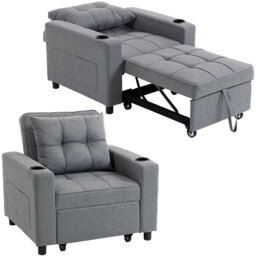 HOMCOM 3-in-1 Single Sofa Bed, Convertible Sleeper Chair with Adjustable Backrest, Fabric Pull Out Chair Bed with Pillow, Side Pockets and Cup Holders for Living Room, Bedroom, Dark Grey Grey Dark Grey