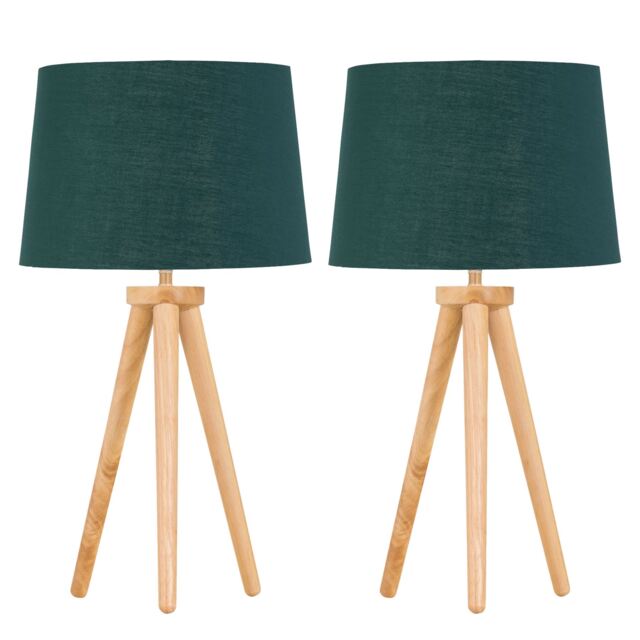Set of 2 Light Oak Table Lamp or Bedside Lights with Green Gold Shades Brown Green Large 2