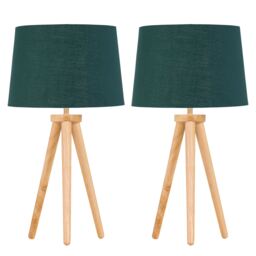 Set of 2 Light Oak Table Lamp or Bedside Lights with Green Gold Shades Brown Green Large 2
