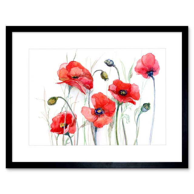 "Red Poppy Spring Flowers Floral Watercolour Poppies 9x7"" Black Framed Wall Art Print"