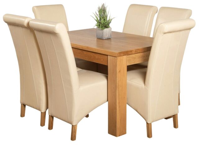 Dakota 127 x 82cm Oak Small Dining Table and 6 Montana Leather Chairs Cream Cream
