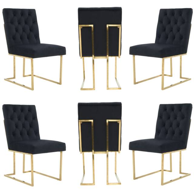 Set of 6 Siena Luxury Tufted Velvet Dining Chairs with Gold Frame & Legs - Modern Upholstered Accent Chair Black Black
