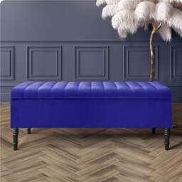 150cm Paris Striped Ottoman Storage Bench- Plush Velvet Shoe Bench - Sapphire Blue Upholstery Footstool with Storage