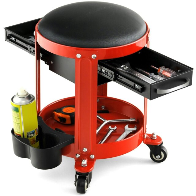 COSTWAY Rolling Workshop Creeper Seat Mechanic Stool 2 Drawers Black