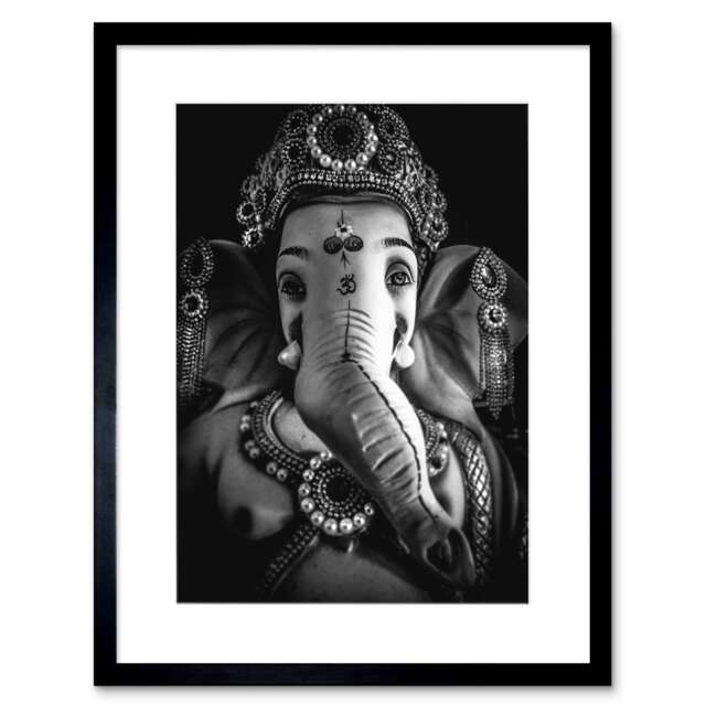 "Ganesh Black White Hindu Elephant God 9x7"" Black Framed Wall Art Print"