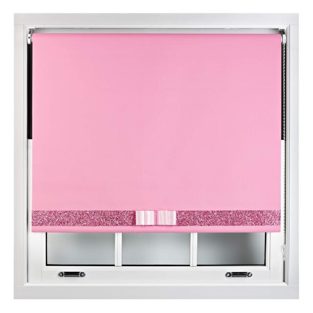 FURNISHED Blackout Roller Blind with Pink Glitter Trim and Pink Bow Trimmable Window Shade Pink Pink (W) 65cm x (L) 210cm