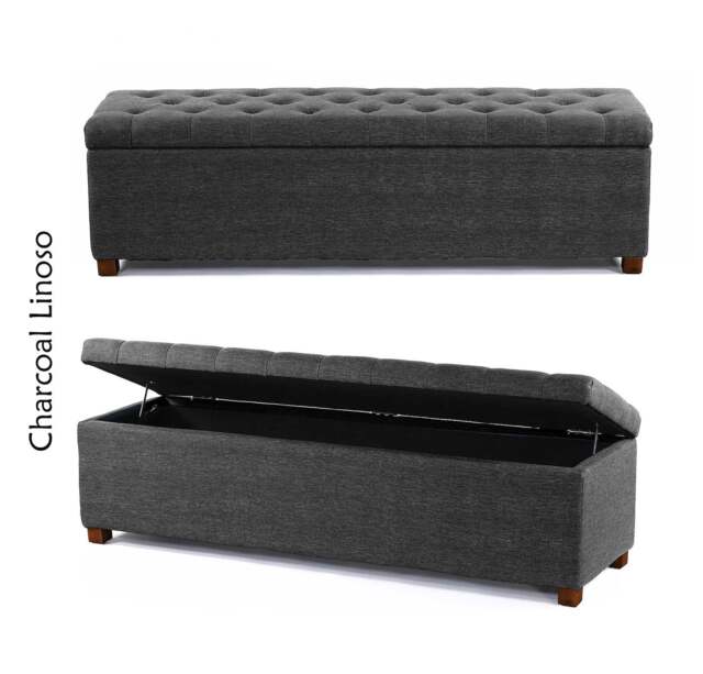 Linoso Chesterfield Charcoal Ottoman Storage Box with Square Wooden Legs - Upholstered Blanket Box (120W x 40D x 45H cm)