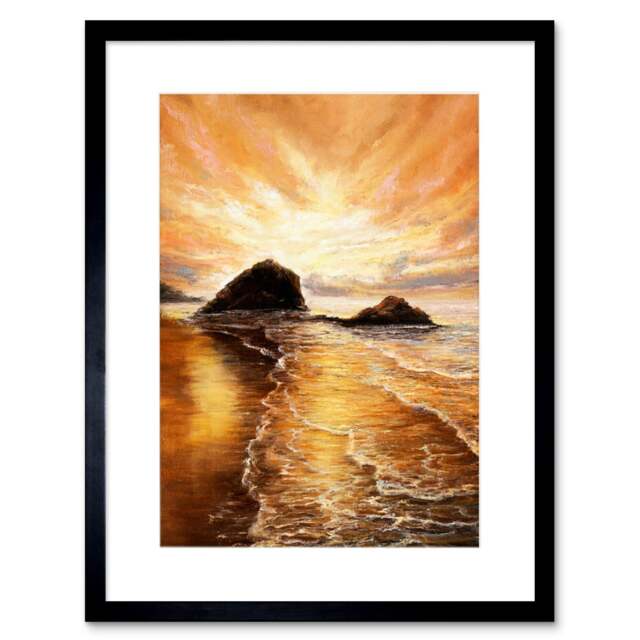 "Golden Beach Sunrise Coastal Landscape Painting 9x7"" Black Framed Wall Art Print"