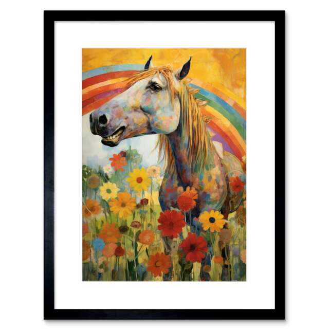 "Girls Bedroom Nursery Rainbow Horse Flowers 9x7"" Black Framed Wall Art Print"